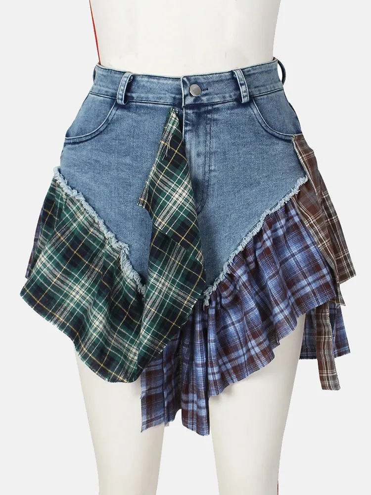 Denim Patchwork Graceful Plaid Shorts