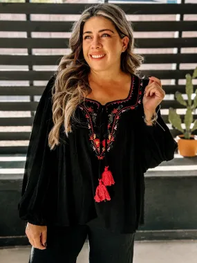 Desert Sage Boho Flowy Blouse, Black