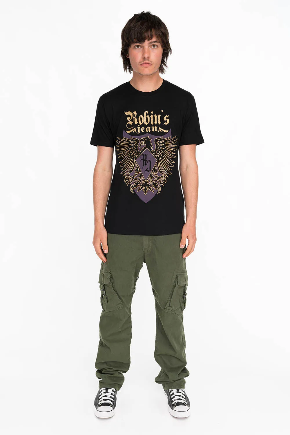 EAGLE CREST TEE IN BLACK AND PURPLE