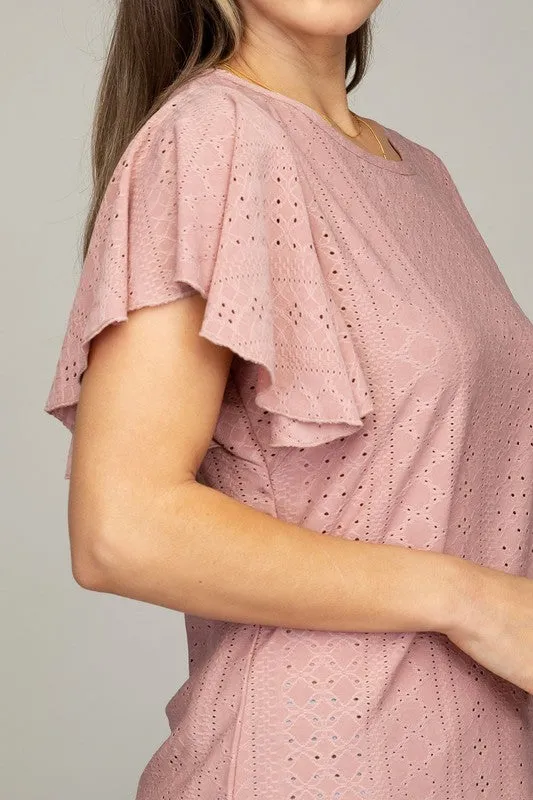 Embroidered Eyelet Flutter Sleeve Top