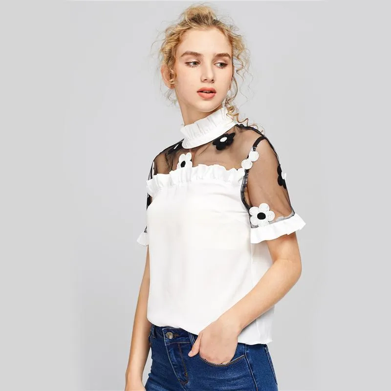 Embroidered Mesh Shoulder Frilled Blouse