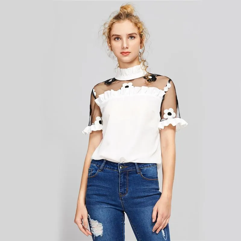 Embroidered Mesh Shoulder Frilled Blouse