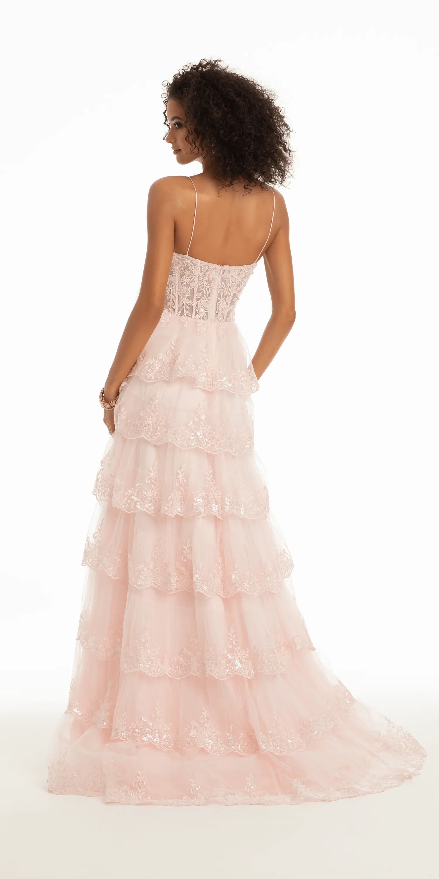 Embroidered Plunging Tulle Scallop Tiered Ballgown with Side Slit