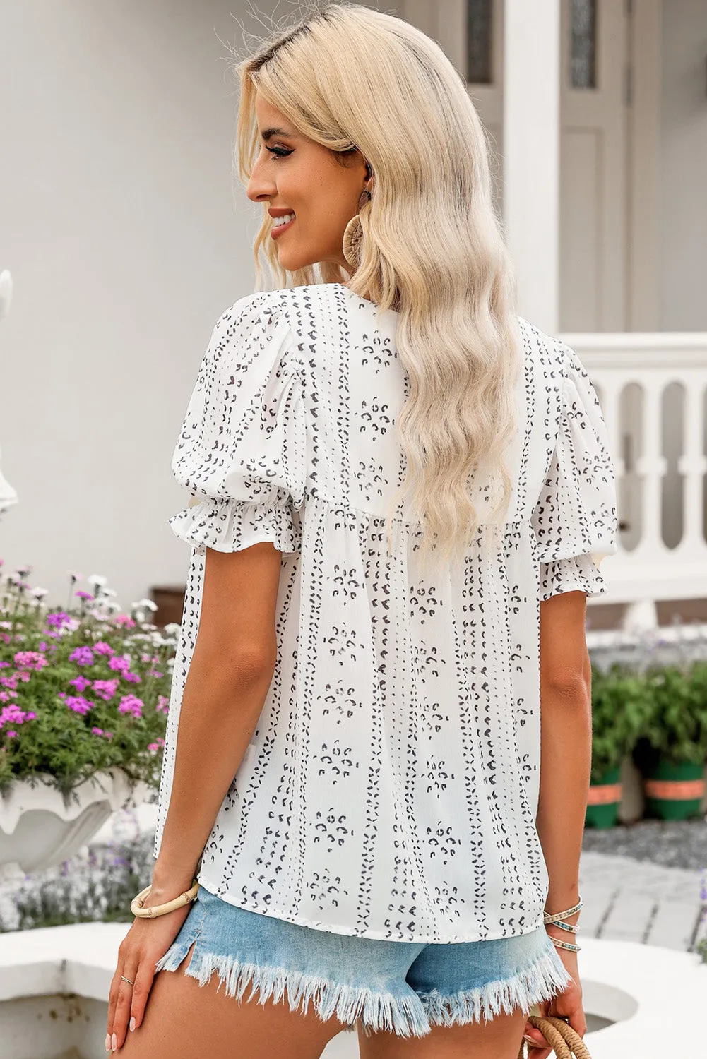 Embroidered Round Neck Flounce Sleeve Blouse