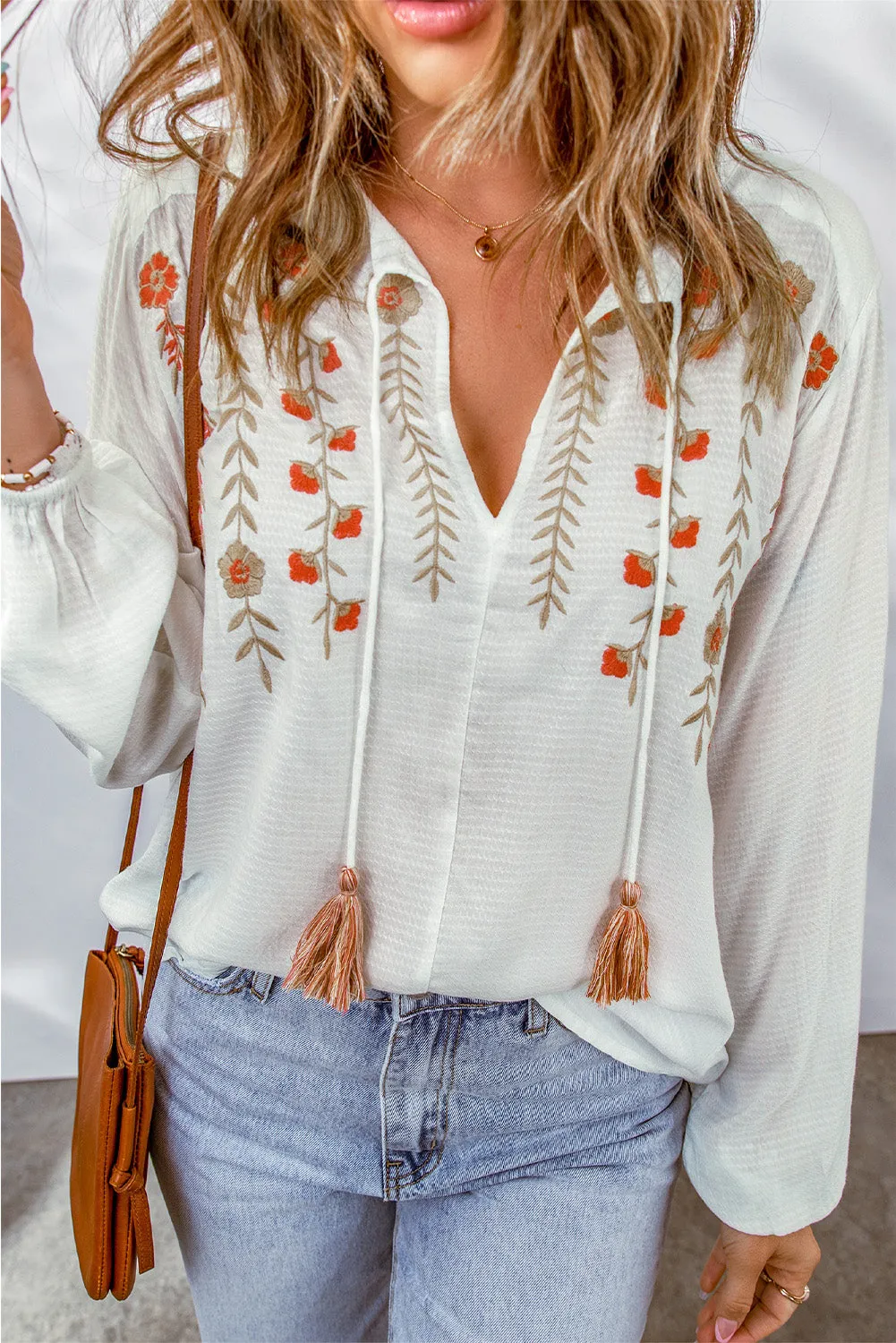 Embroidered Tassle Drawstring V-Neck Blouse | White Floral