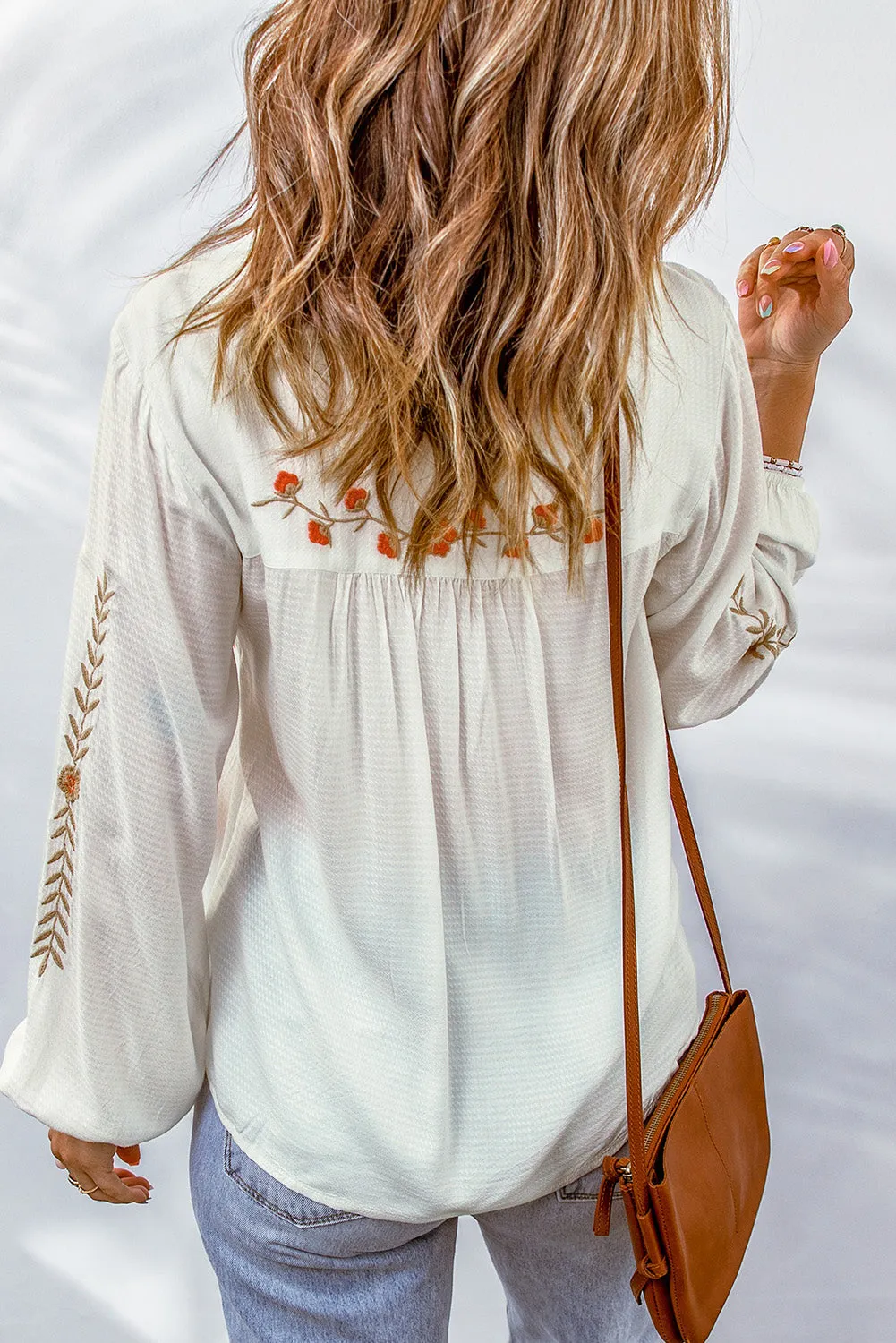 Embroidered Tassle Drawstring V-Neck Blouse | White Floral