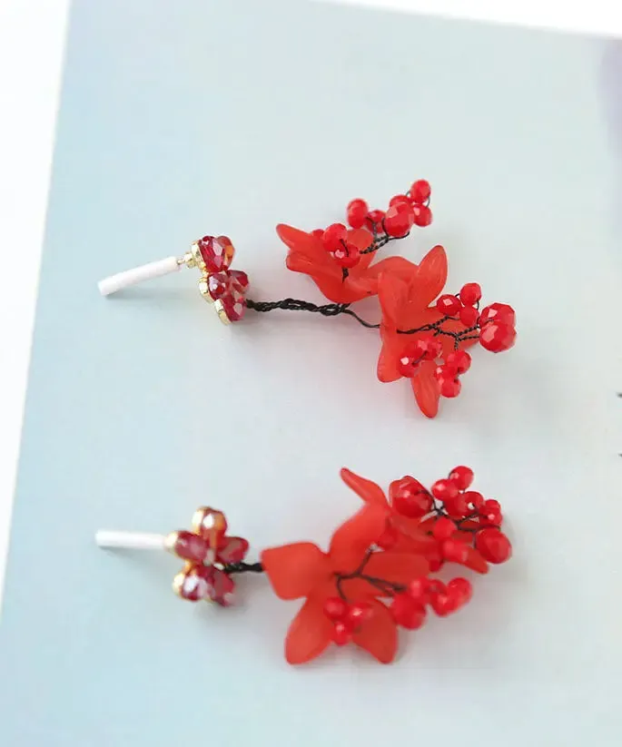 Fine Red Inlaid Handmade Beading Graphic Crystal Drop Earrings LY8994