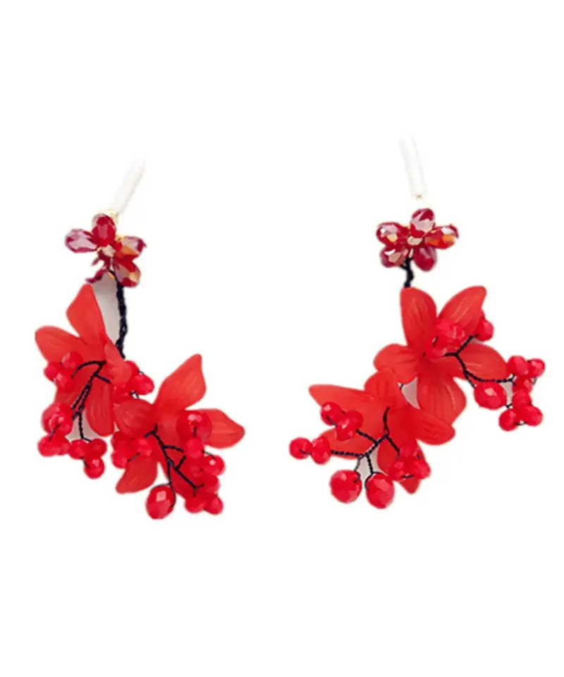 Fine Red Inlaid Handmade Beading Graphic Crystal Drop Earrings LY8994