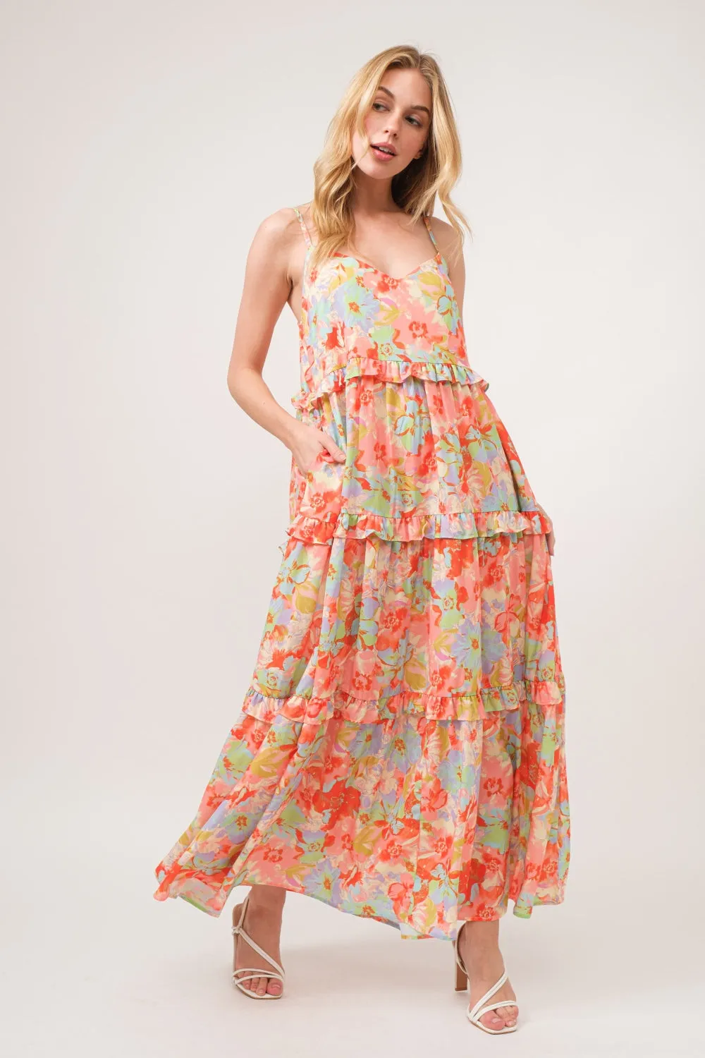 Floral Ruffled Tiered Maxi Adjustable Strap Cami Dress