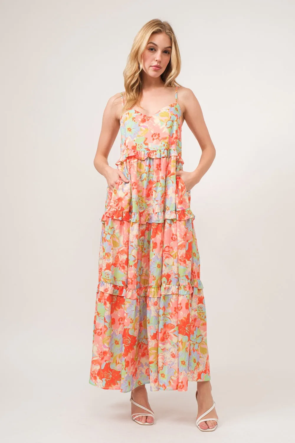 Floral Ruffled Tiered Maxi Adjustable Strap Cami Dress