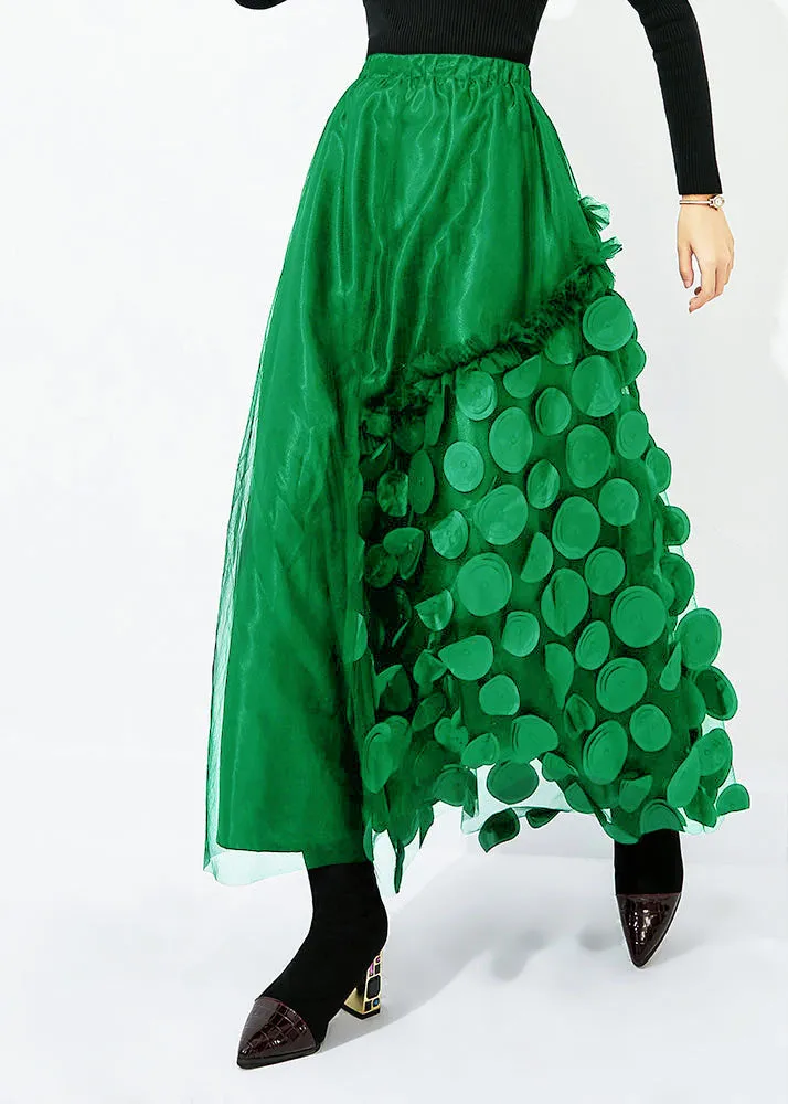 French Green Elastic Waist Patchwork Dot Tulle Vacation Skirts Spring LT0859