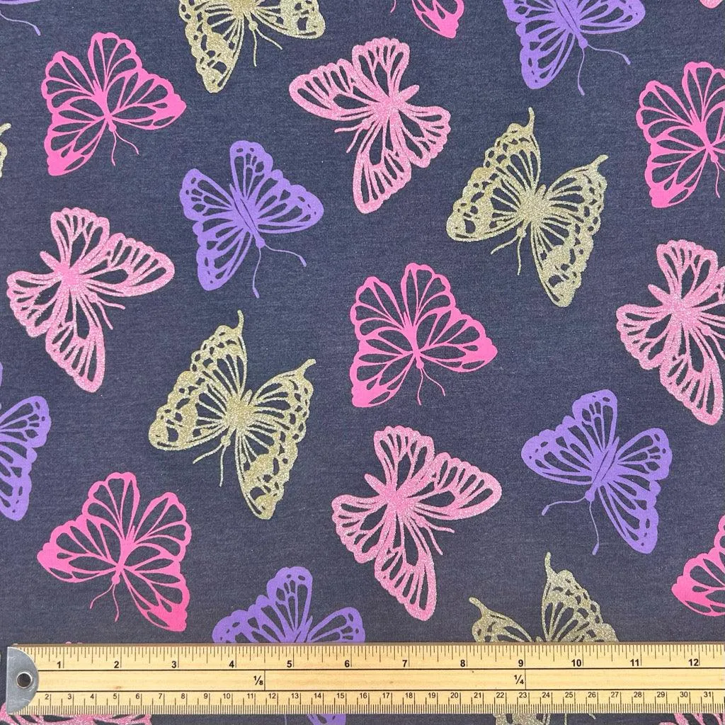 Glitter Butterflies Melange Cotton Jersey Fabric