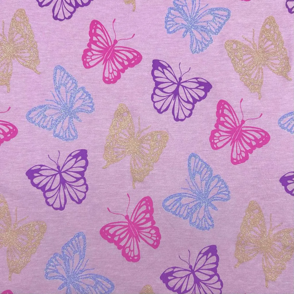 Glitter Butterflies Melange Cotton Jersey Fabric