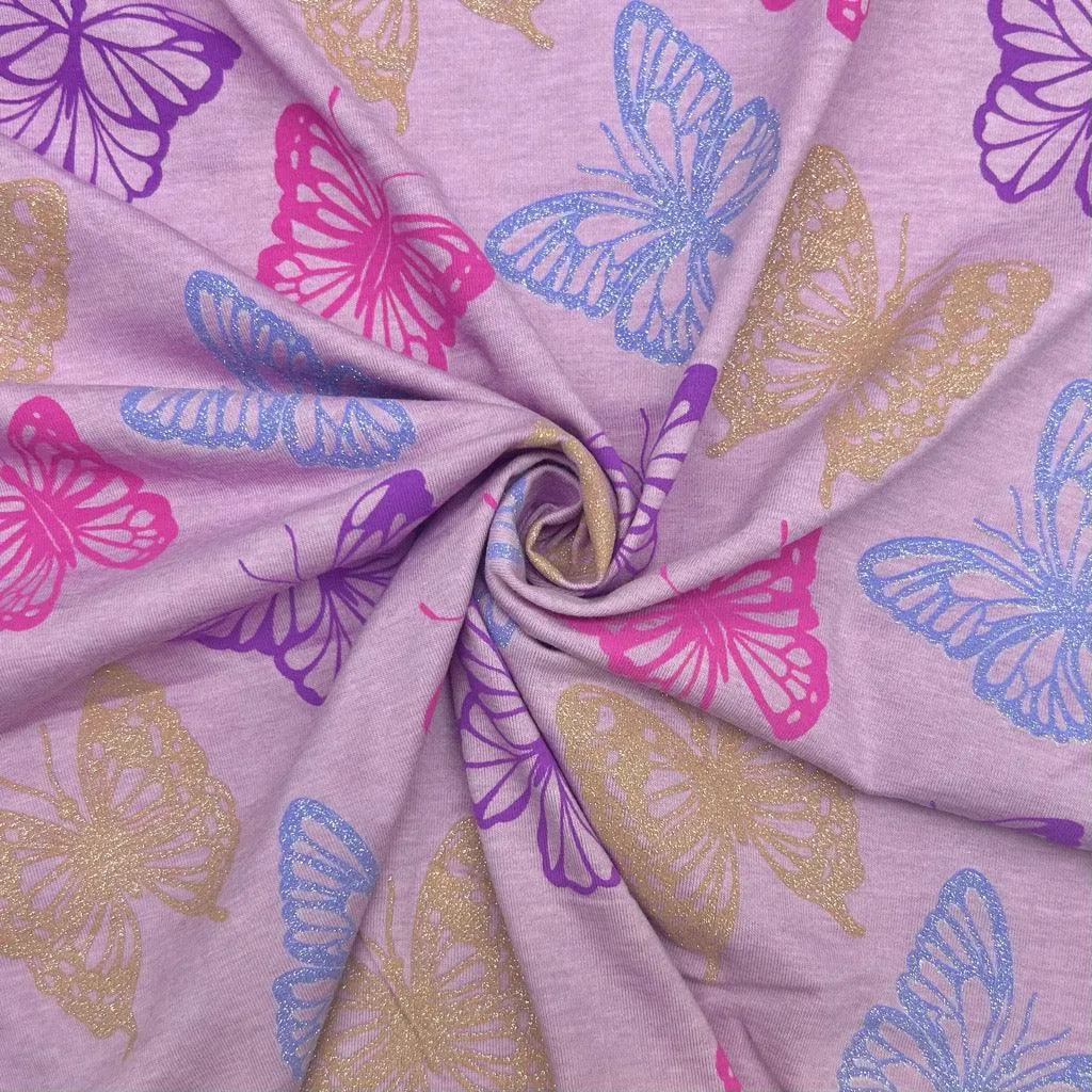 Glitter Butterflies Melange Cotton Jersey Fabric