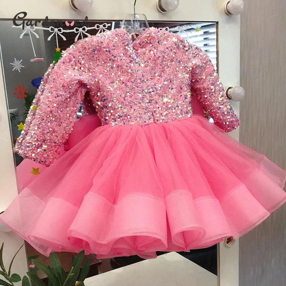 Glitter Illusion Puffy Layered V Neck Girl Party Dresses