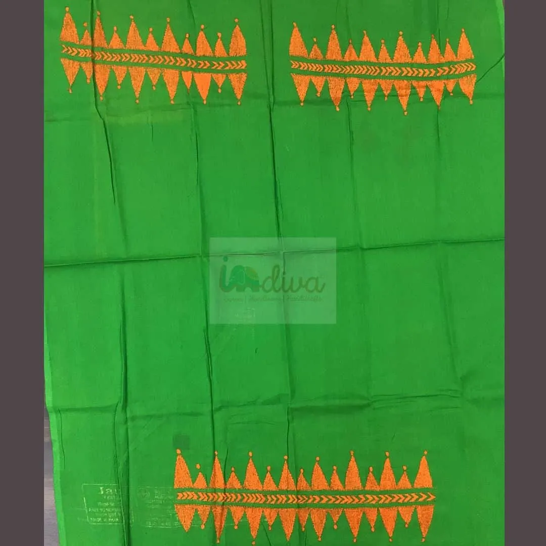 Green Kantha Blouse Fabric With Orange Motifs