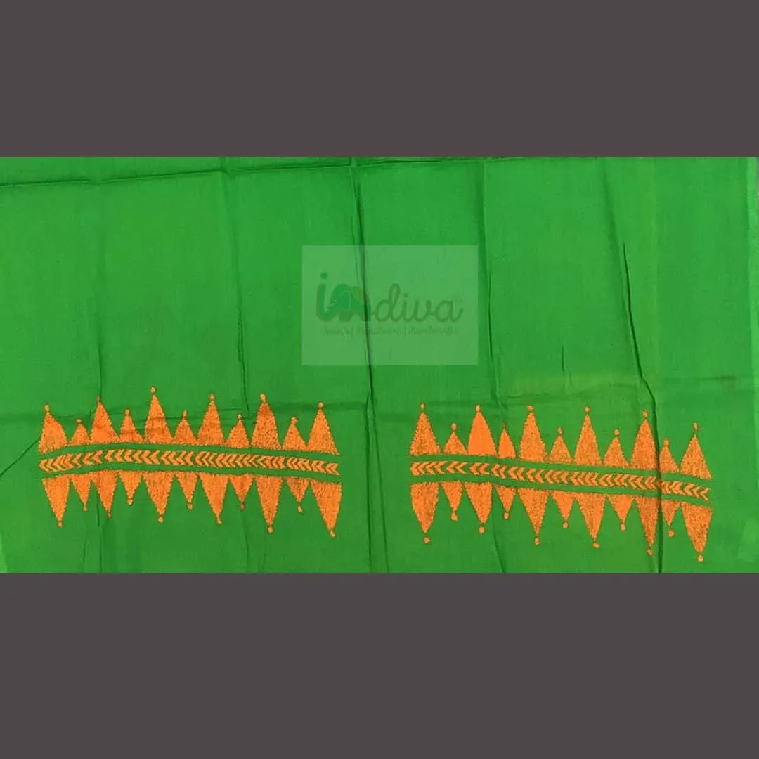 Green Kantha Blouse Fabric With Orange Motifs