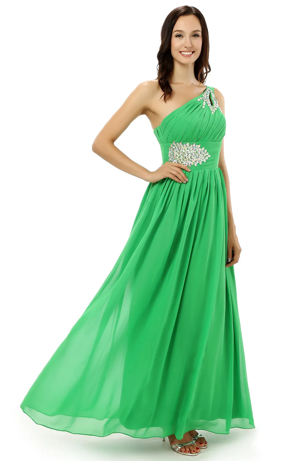 Green One Shoulder Chiffon With Crystal Pleats Bridesmaid Dresses