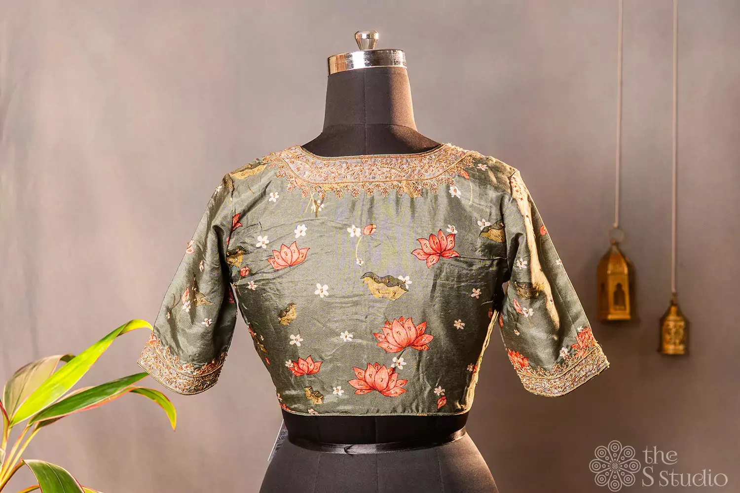 Green printed semi silk readymade blouse with hand embroidery