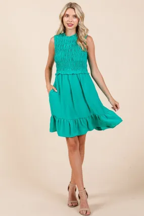 Green Sleeveless Smocked Ruffle Hem Shirred Mini Dress