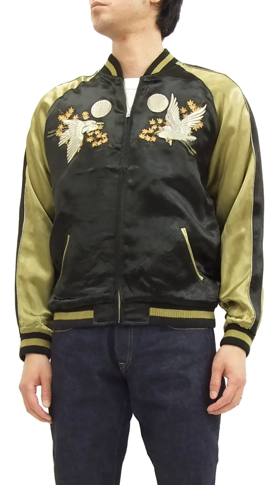 Hanatabi Gakudan Men's Japanese Souvenir Jacket Autumn Leaves and Heron Sukajan Script SSJ-512