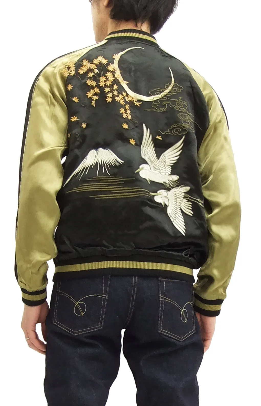 Hanatabi Gakudan Men's Japanese Souvenir Jacket Autumn Leaves and Heron Sukajan Script SSJ-512