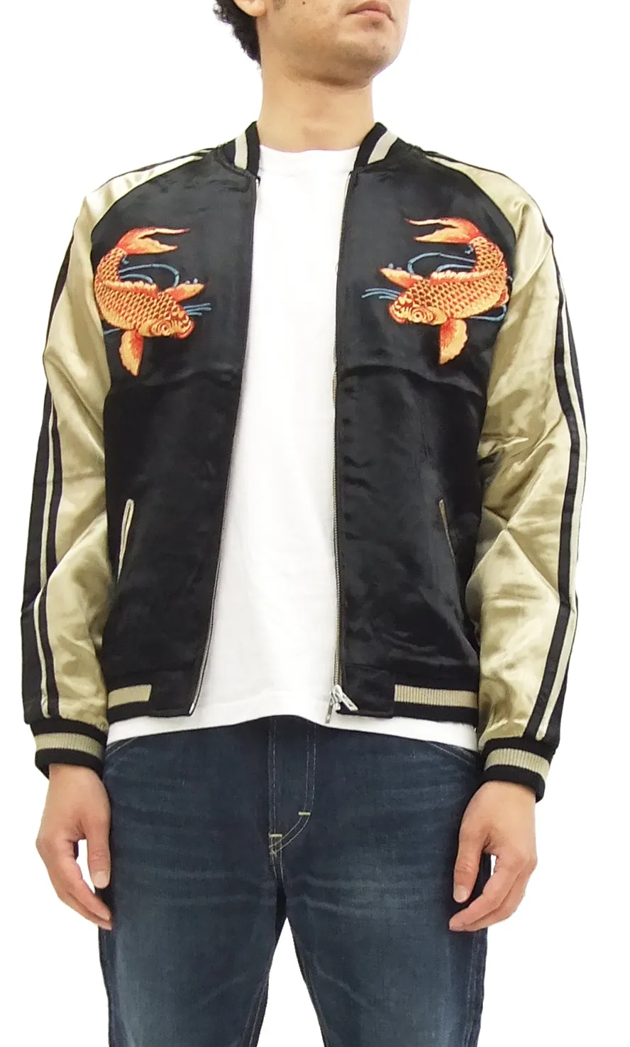 Hanatabi Gakudan Men's Japanese Souvenir Jacket Japanese Koi Fish Carp Sukajan Script SSJ-503