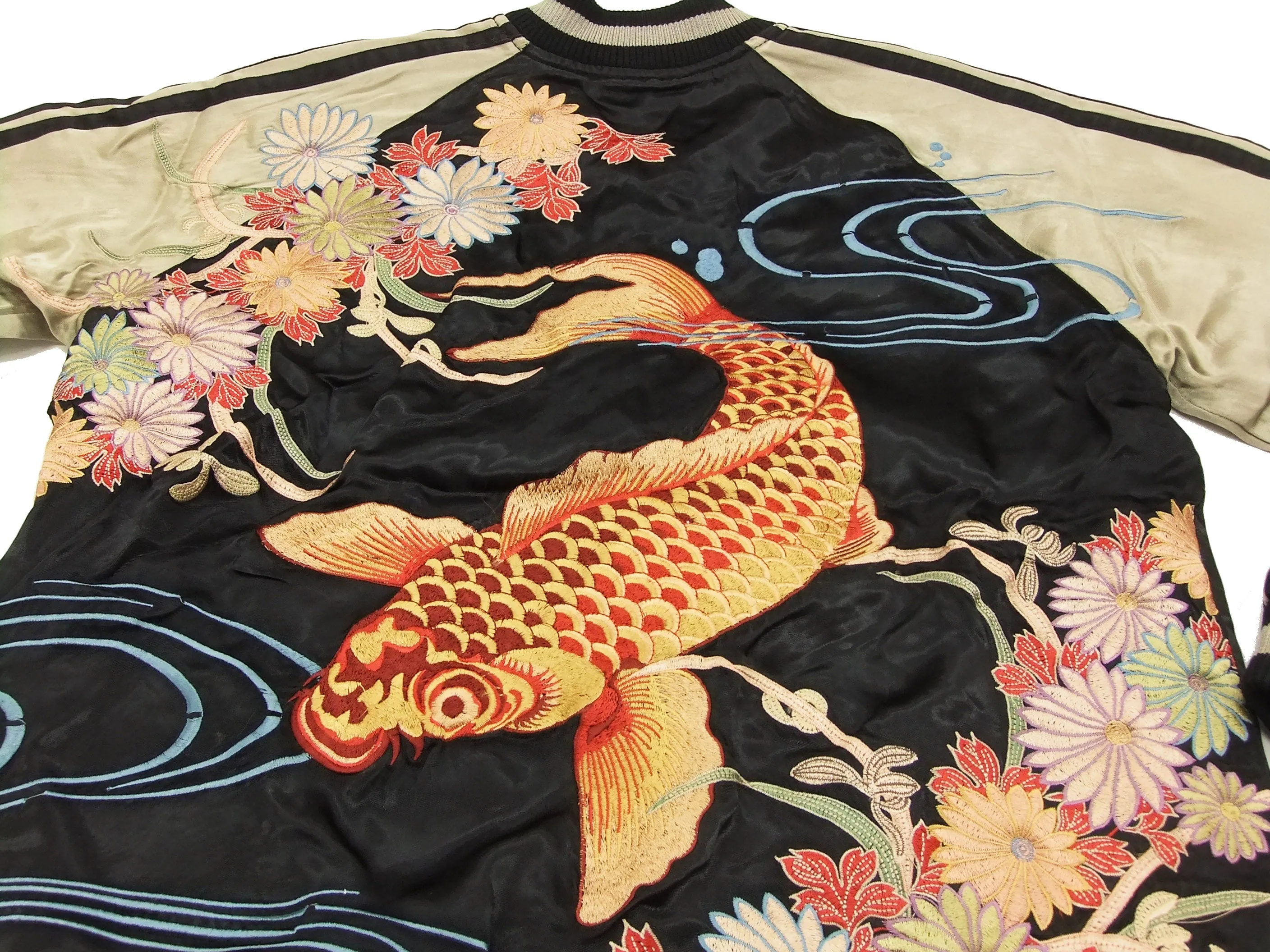 Hanatabi Gakudan Men's Japanese Souvenir Jacket Japanese Koi Fish Carp Sukajan Script SSJ-503