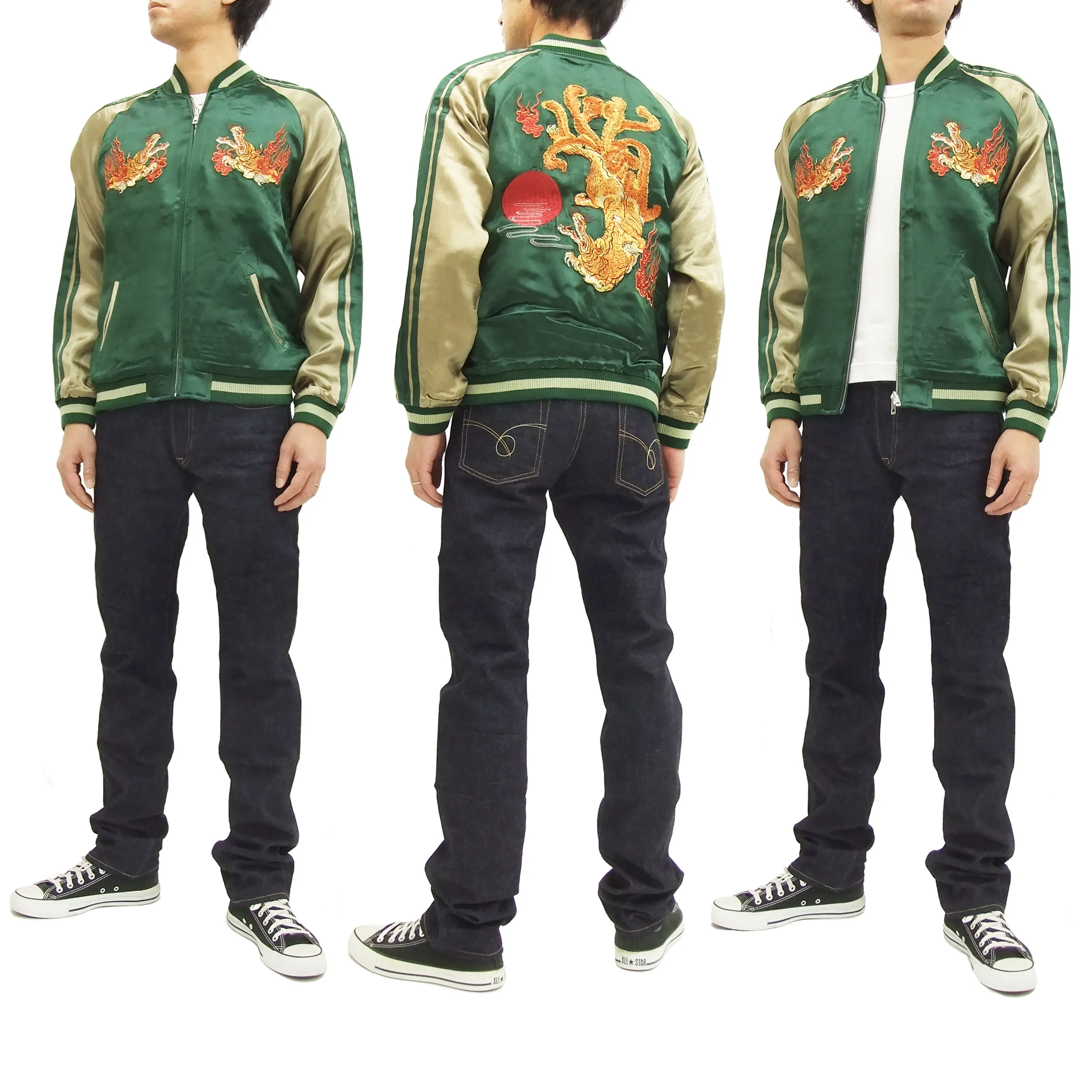 Hanatabi Gakudan Men's Japanese Souvenir Jacket Japanese Nine-Tailed Fox Sukajan Script SSJ-510