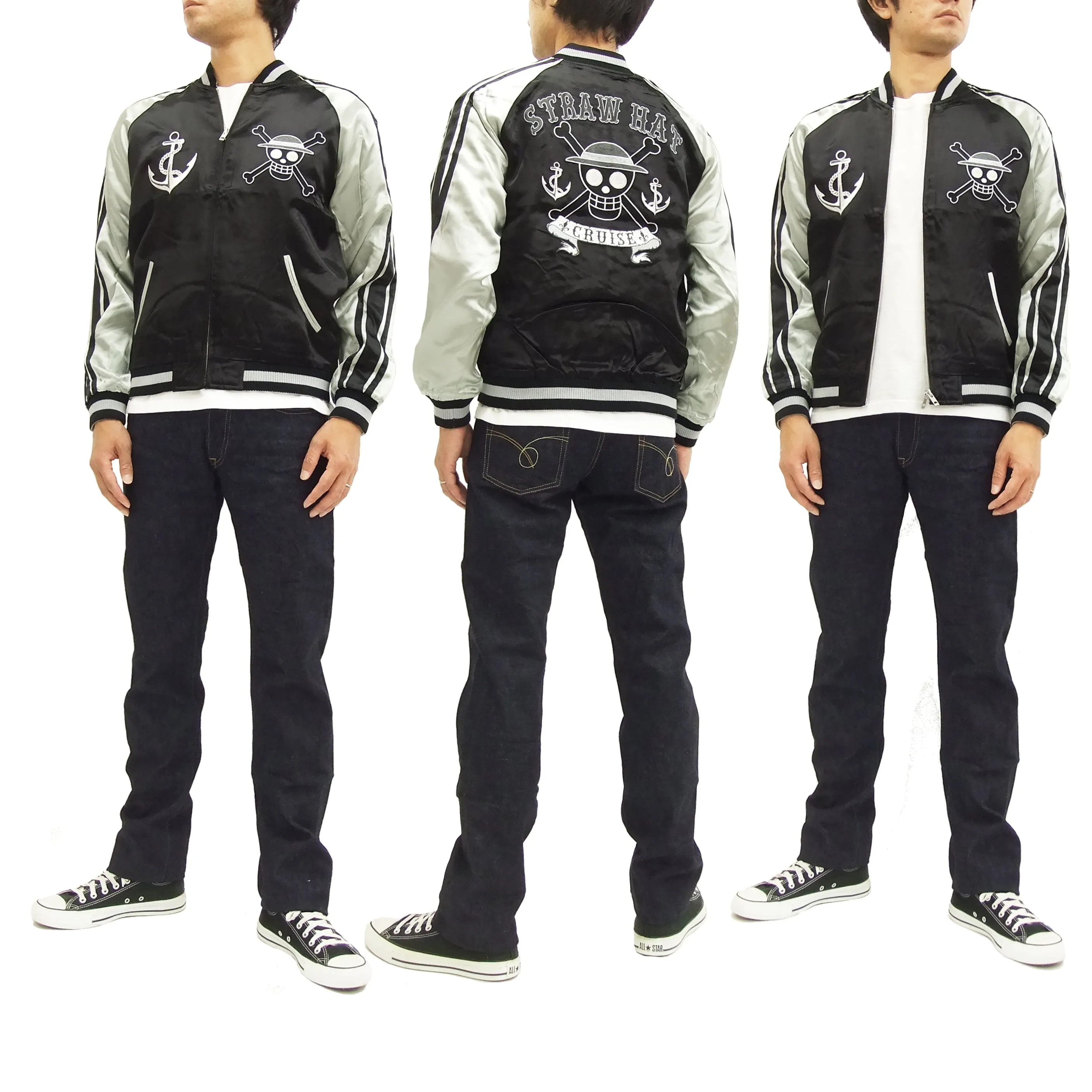 Hanatabi Gakudan Men's Japanese Souvenir Jacket Japanese ONE PIECE Sukajan Script OPSJ-001 Black