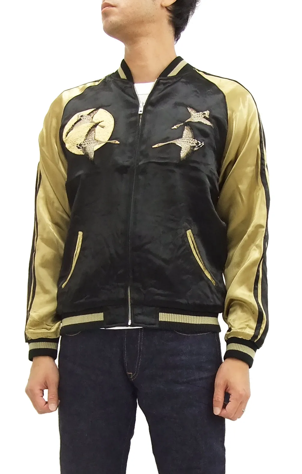 Hanatabi Gakudan Men's Japanese Souvenir Jacket Japanese Wild Geese and Full Moon Sukajan Script SSJ-506