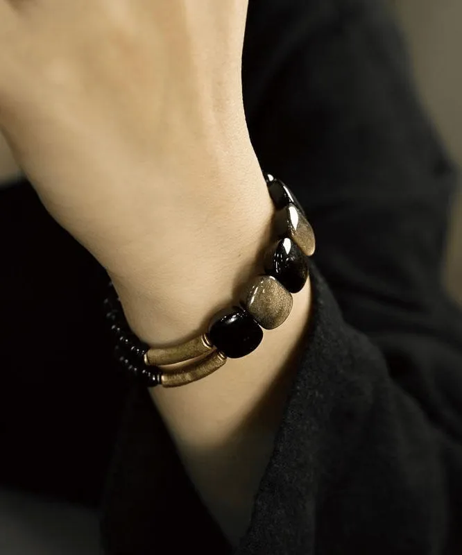 Handmade Black Crystal Gem Stone Having Two Layers Bracelet QD049