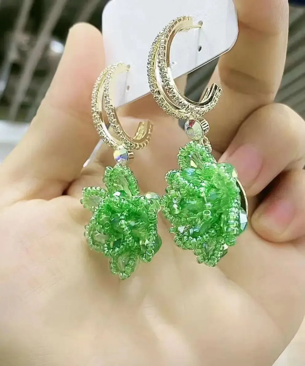 Handmade Green Copper Overgild Crystal Floral Drop Earrings LY9005