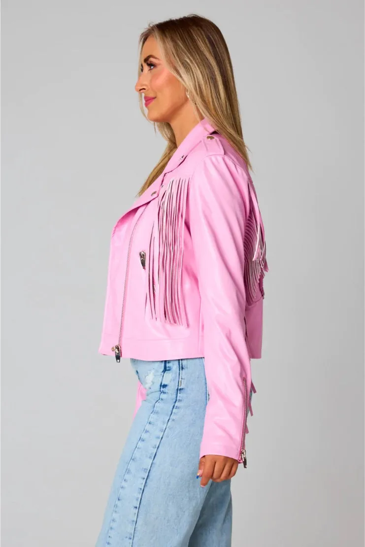 Heidi Fringe Vegan Leather Jacket - Pink