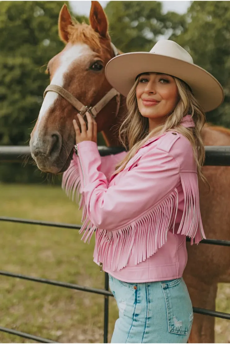 Heidi Fringe Vegan Leather Jacket - Pink