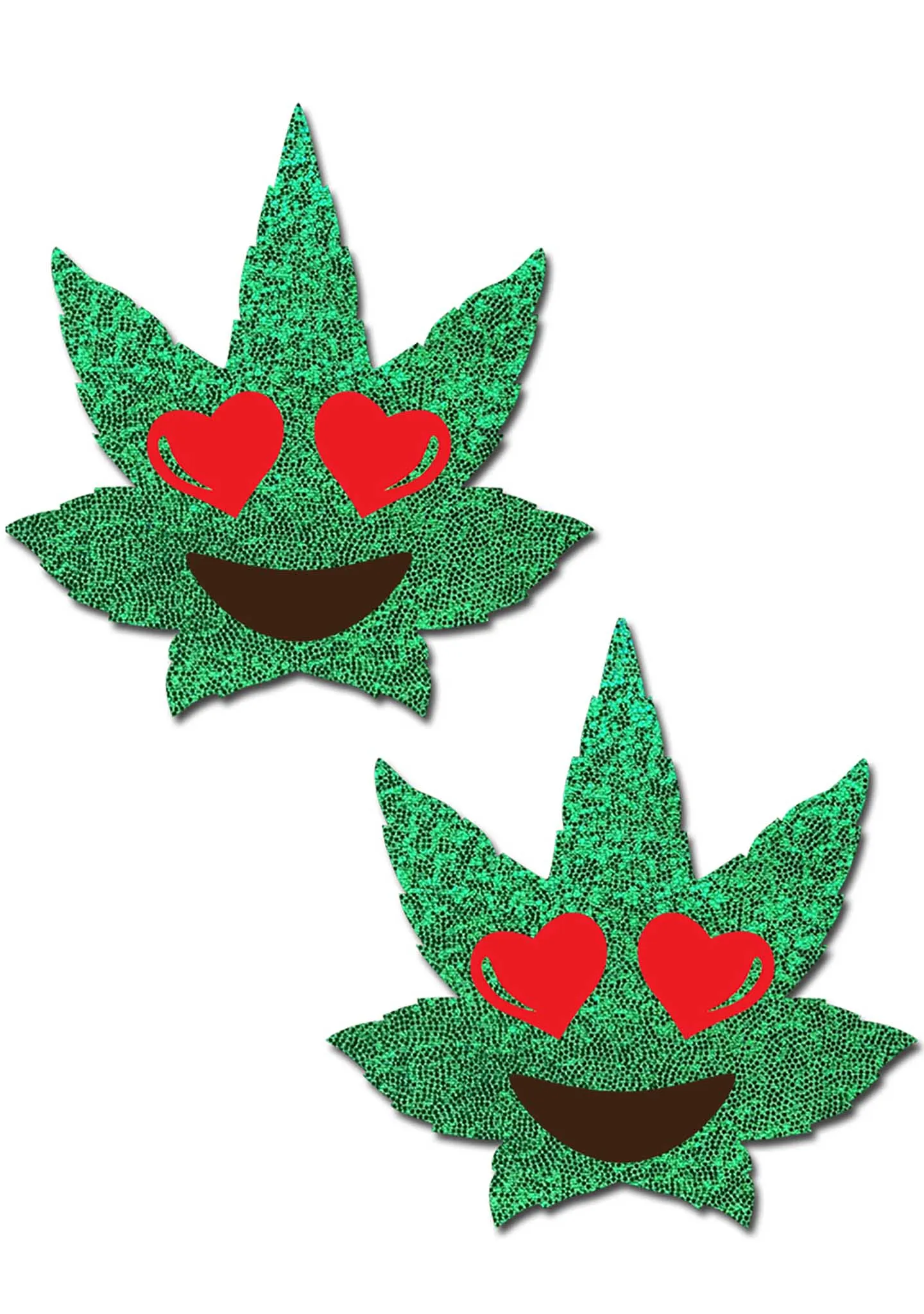 Indica Pot Leaf Glitter Heart Eyes Weed Nipple Pasties in Green