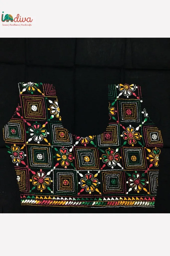 Indiva Colourful Hand Embroidered Black Kantha Blouse Fabric