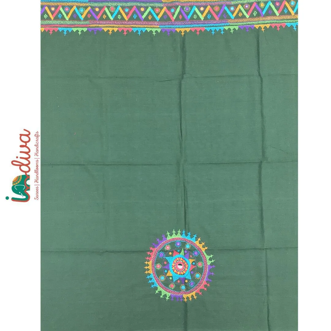 Indiva Handcrafted Lambani Embroidered Green Khadi Blouse Piece