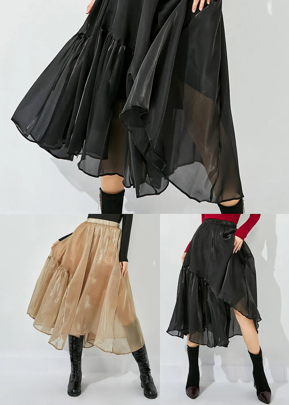 Italian Black Asymmetrical Patchwork Wrinkled Tulle Skirts Summer LY0852