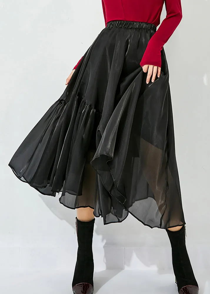 Italian Black Asymmetrical Patchwork Wrinkled Tulle Skirts Summer LY0852