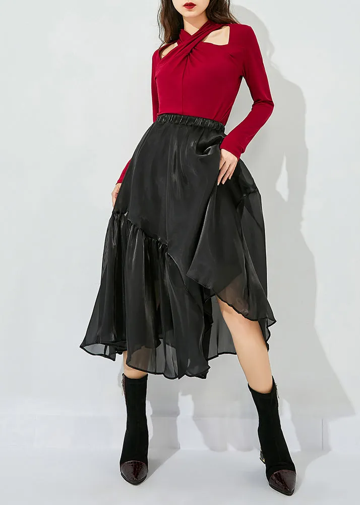 Italian Black Asymmetrical Patchwork Wrinkled Tulle Skirts Summer LY0852