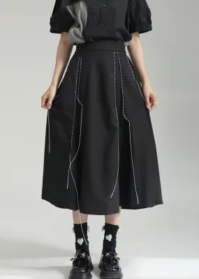 Italian Black Wrinkled Pockets Patchwork Cotton Skirts Fall LY9566