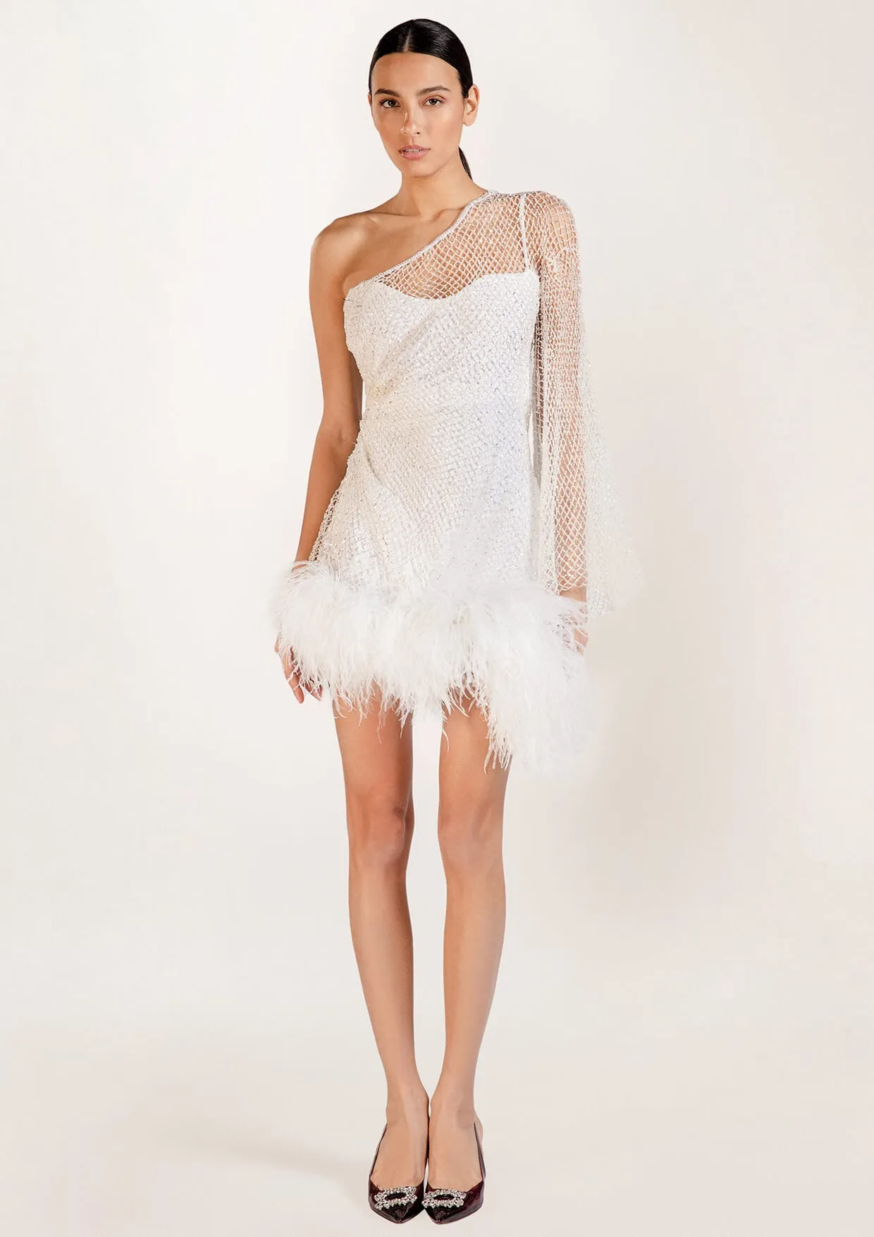 Izabella Asymmetric Crystal Feathered Mini Dress