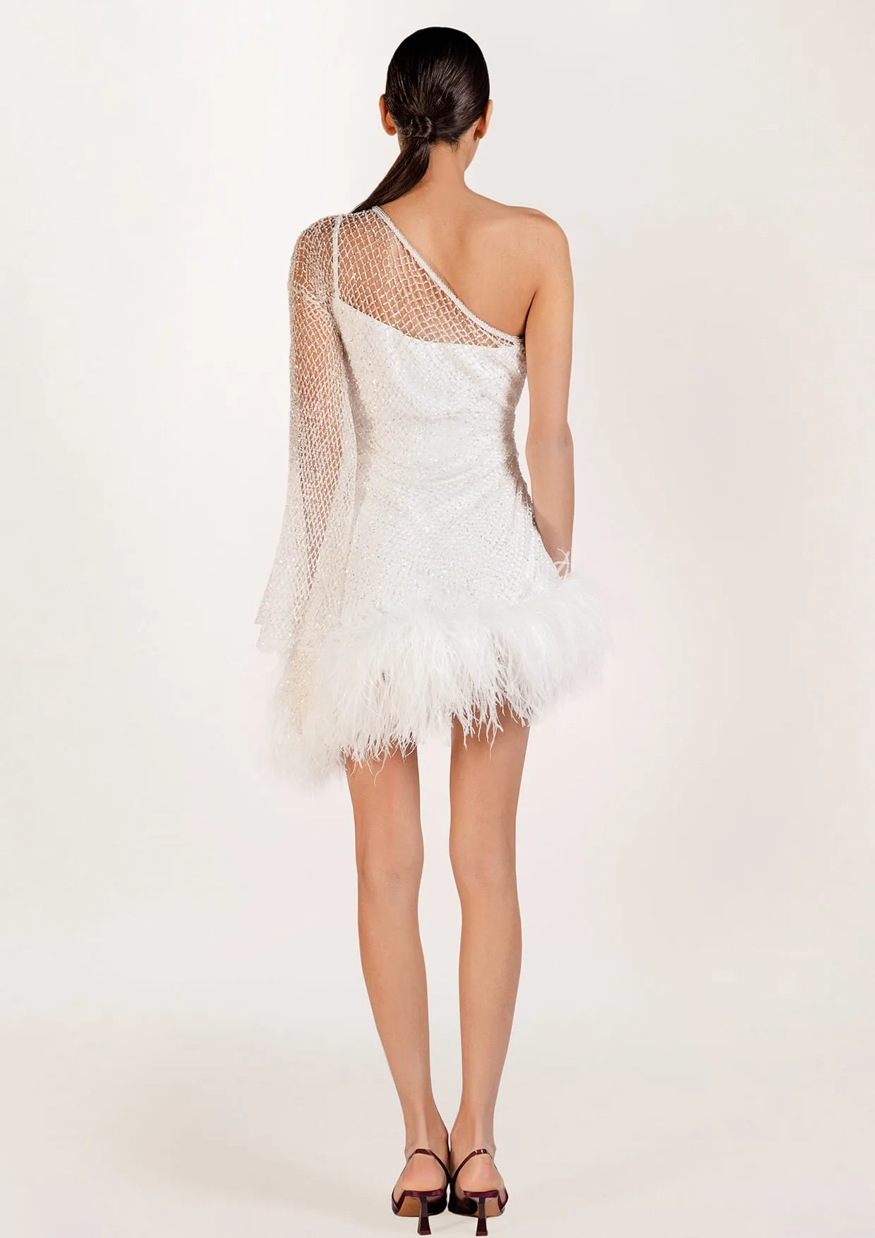 Izabella Asymmetric Crystal Feathered Mini Dress