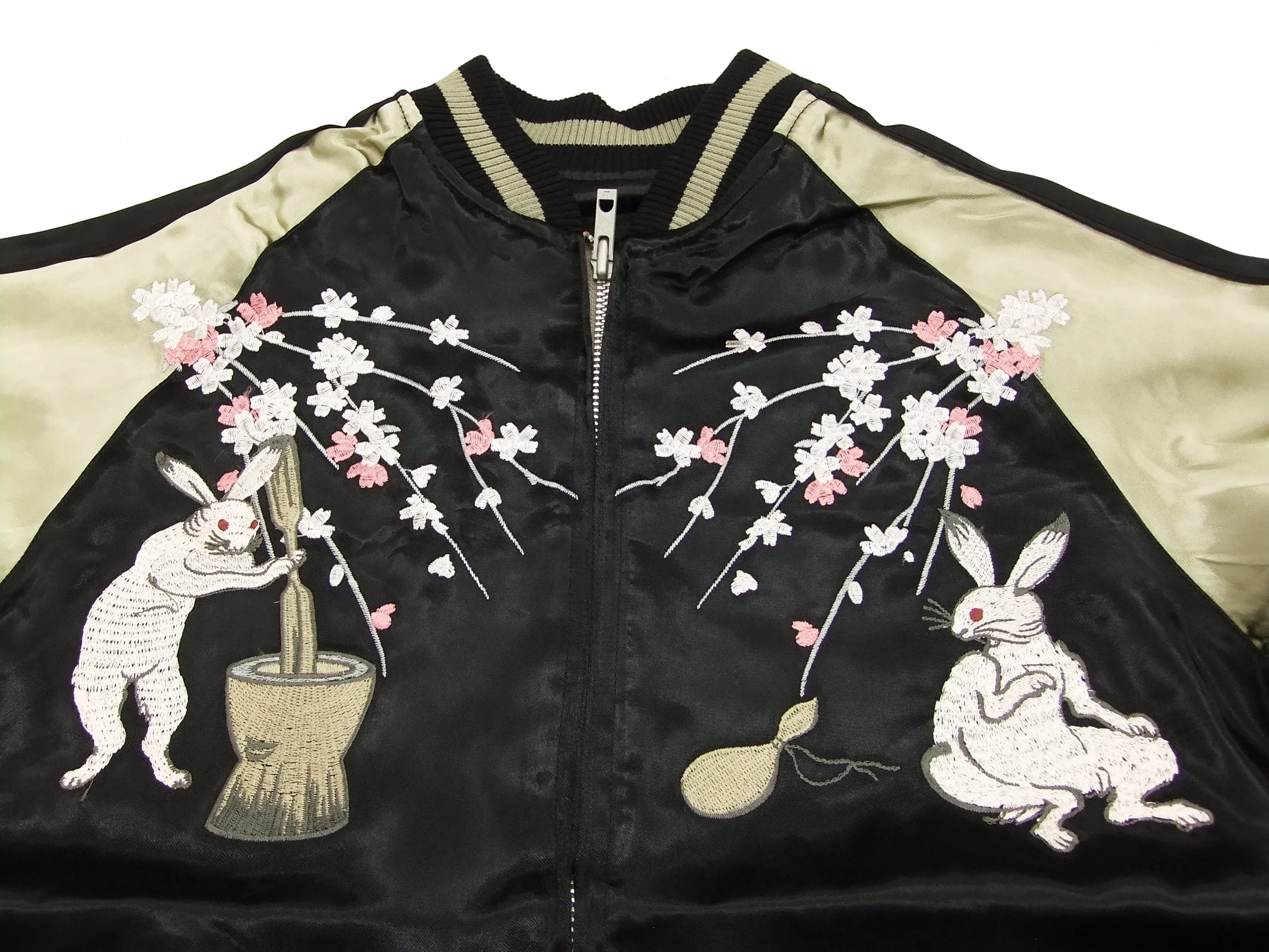 Japanesque Japanese Souvenir Jacket 3RSJ-023 Moon rabbit Men's Sukajan Black/Beige