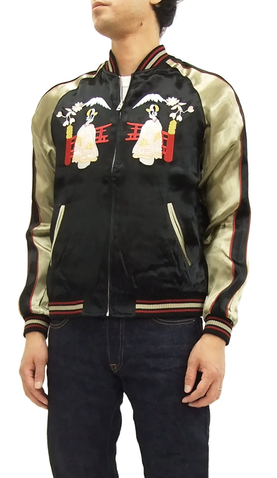 Japanesque Japanese Souvenir Jacket 3RSJ-029 Japan map Men's Sukajan Black/Beige