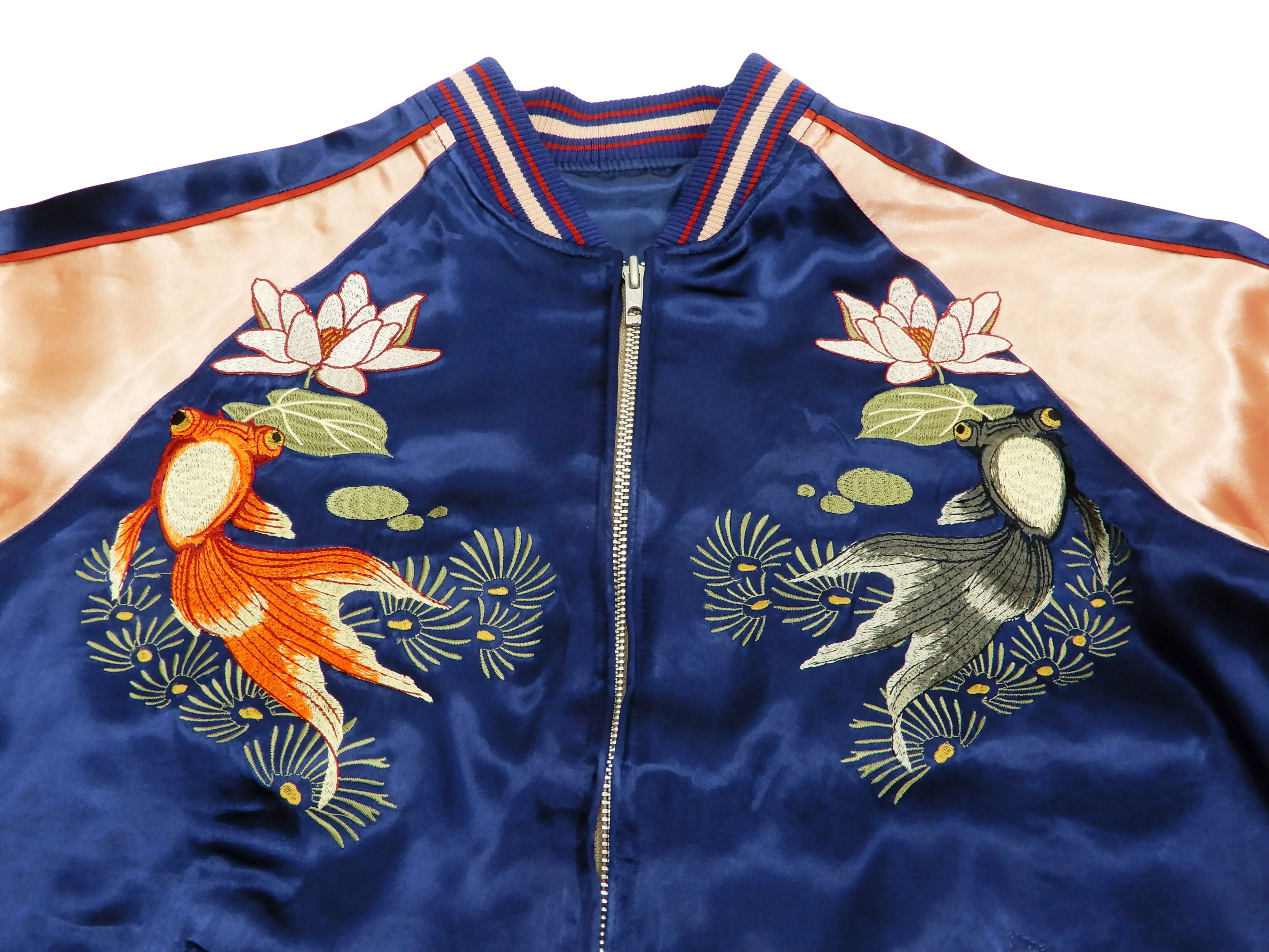 Japanesque Men's Japanese Souvenir Jacket Goldfish Sukajan 3RSJ-044 Navy-Blue/Pink