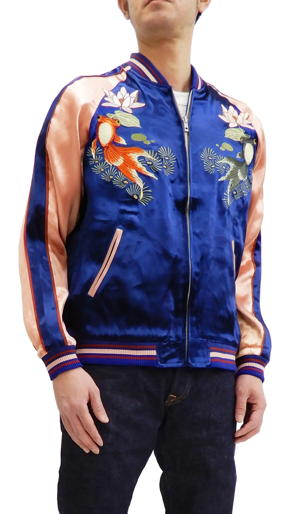 Japanesque Men's Japanese Souvenir Jacket Goldfish Sukajan 3RSJ-044 Navy-Blue/Pink