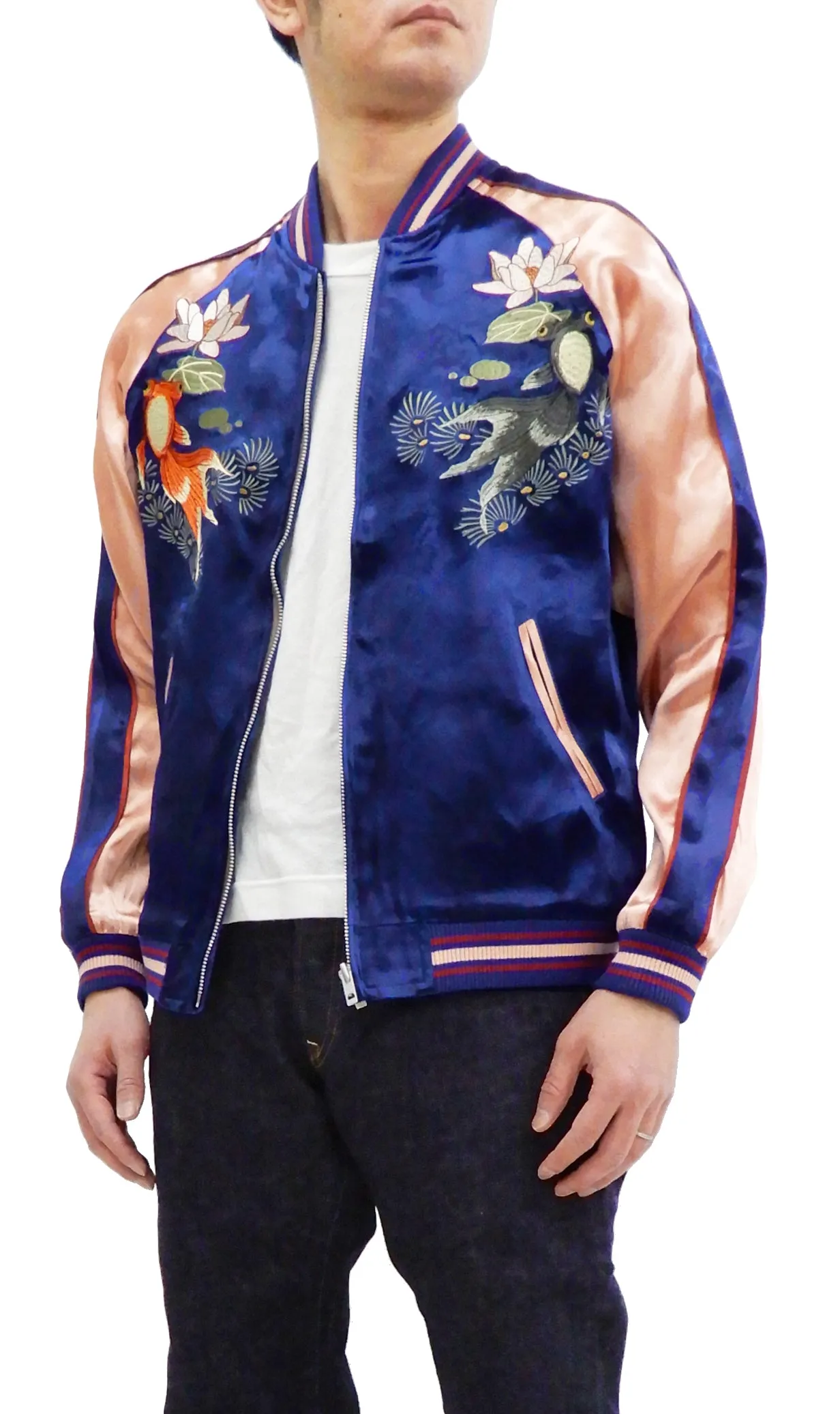 Japanesque Men's Japanese Souvenir Jacket Goldfish Sukajan 3RSJ-044 Navy-Blue/Pink