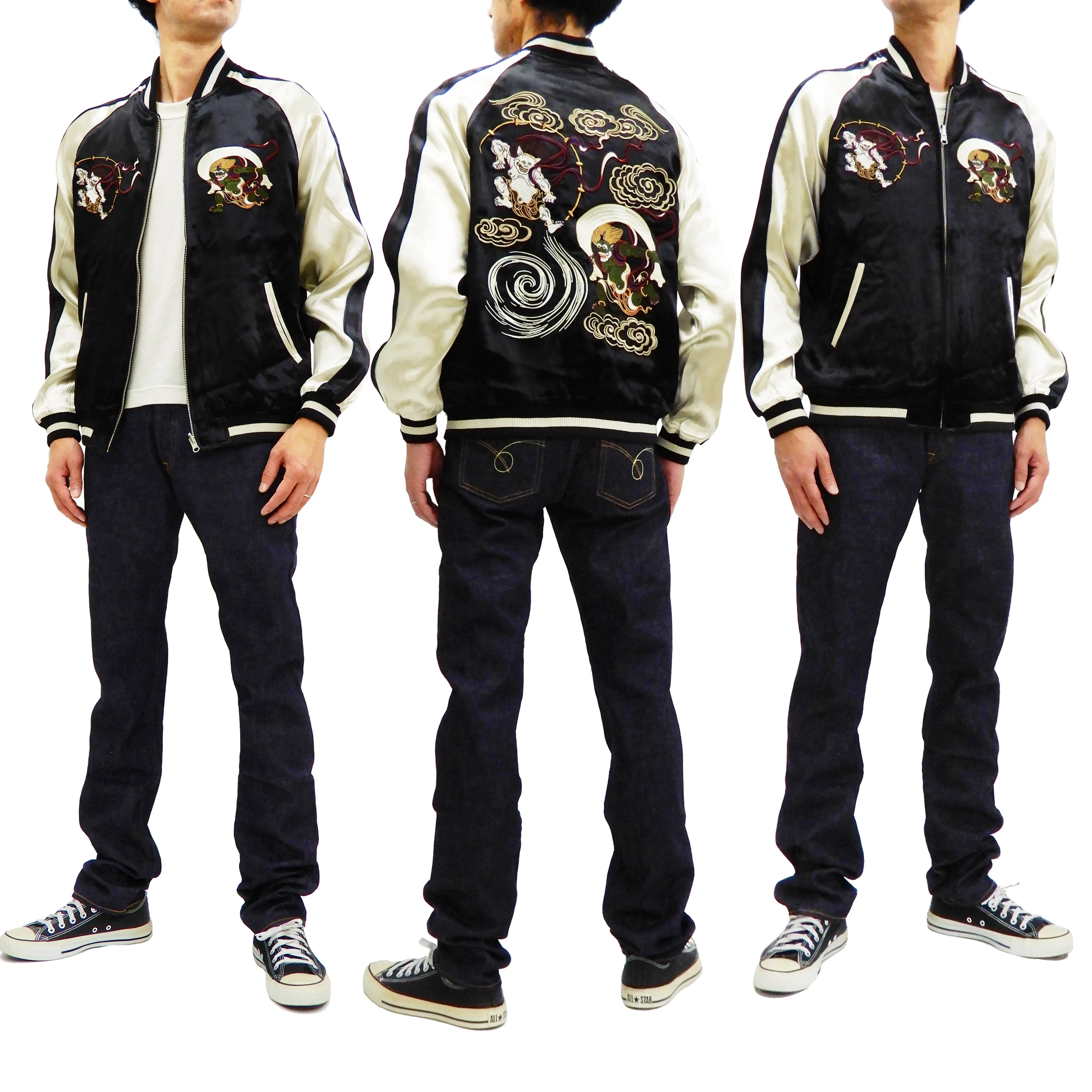 Japanesque Men's Japanese Souvenir Jacket Japan Art Fujin and Raijin Embroidered Sukajan 3RSJ-003 Black/Off